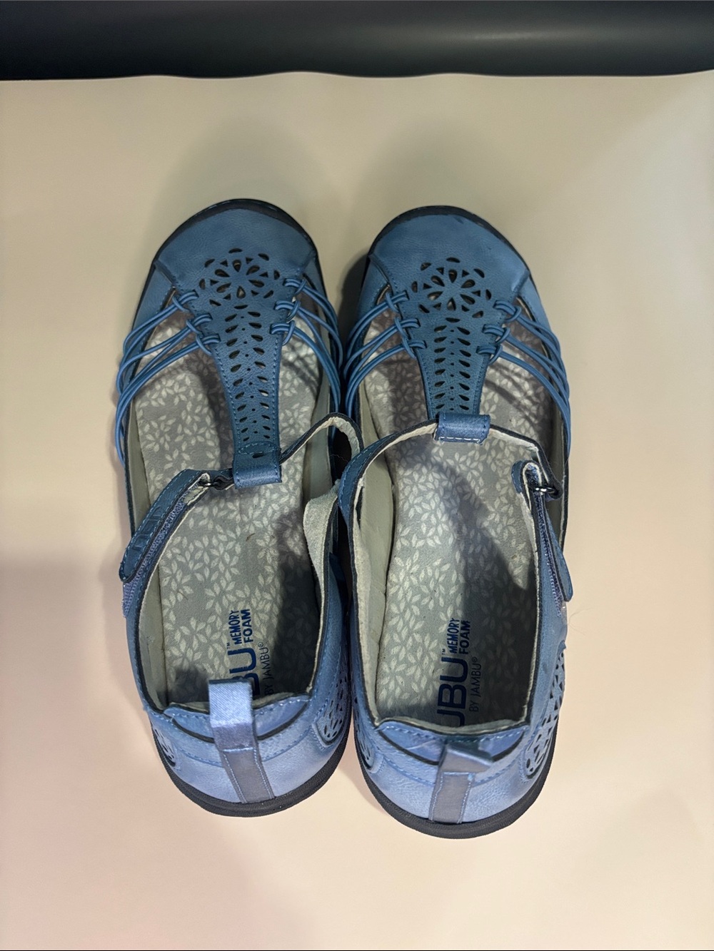 JBU Blue Laser-Cut T-Strap Flats